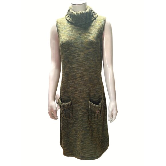 Calvin Klein Sleeveless Knit Dress With Pockets Olive Green Acrylic Turtleneck M - Picture 1 of 9